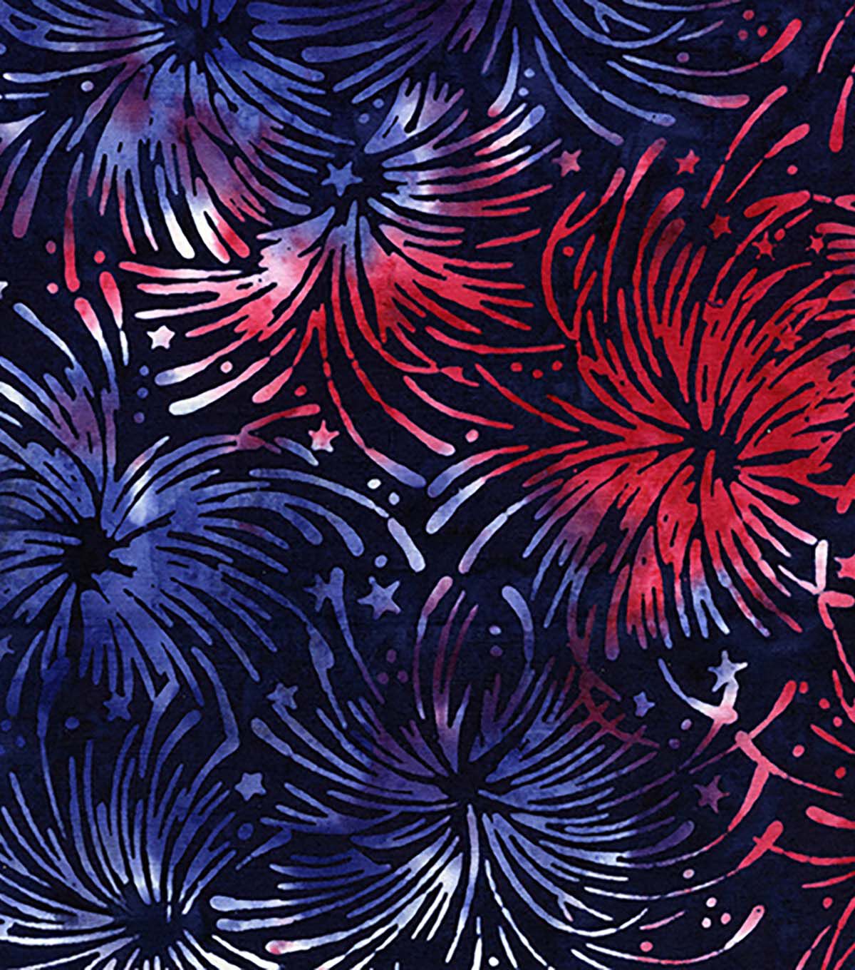 Red & Blue Fireworks Patriotic Batik Cotton Fabric