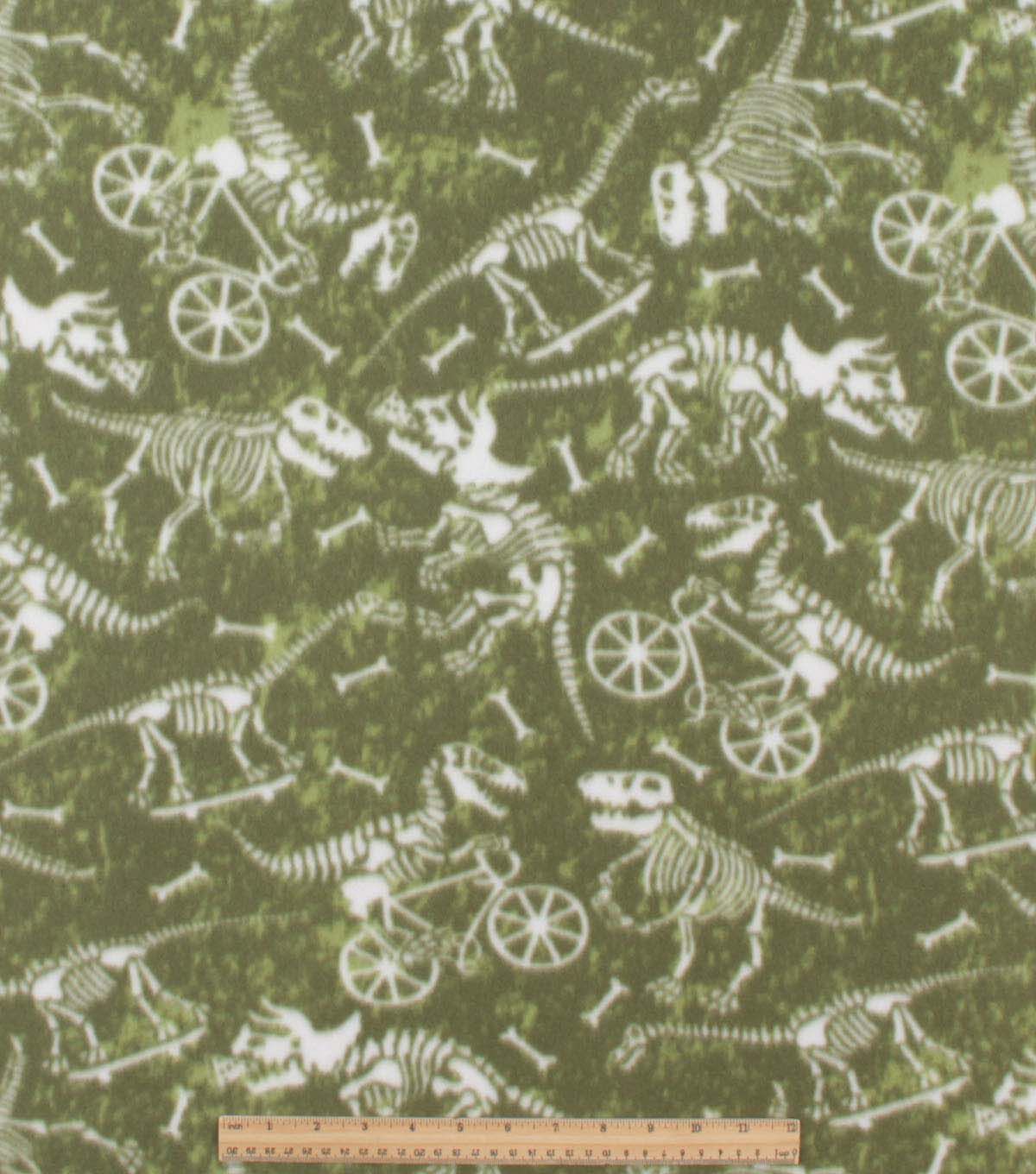 Dinosaur Skeletons on Green Blizzard Fleece Fabric