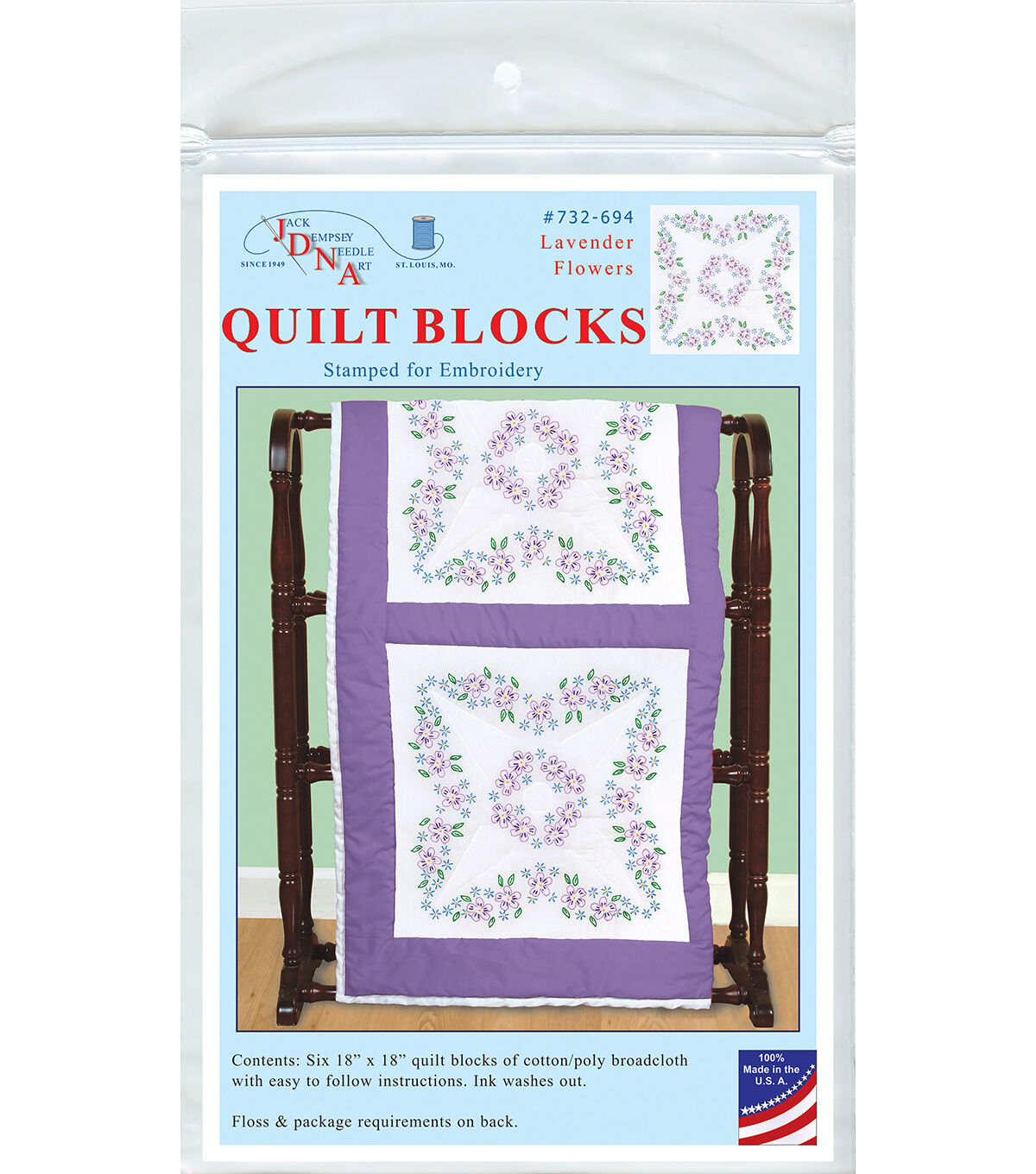 Jack Dempsey Needle Art 18 Lavender Flowers Stamped Quilt Blocks 6pk