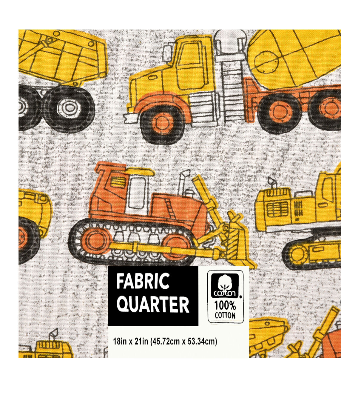 18 x 21 Yellow Construction Trucks Novelty Cotton Fabric Quarter 1pc