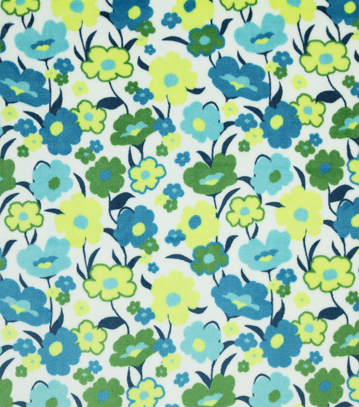 Blue & Green Mod Blooms White Sew Lush Fleece Fabric