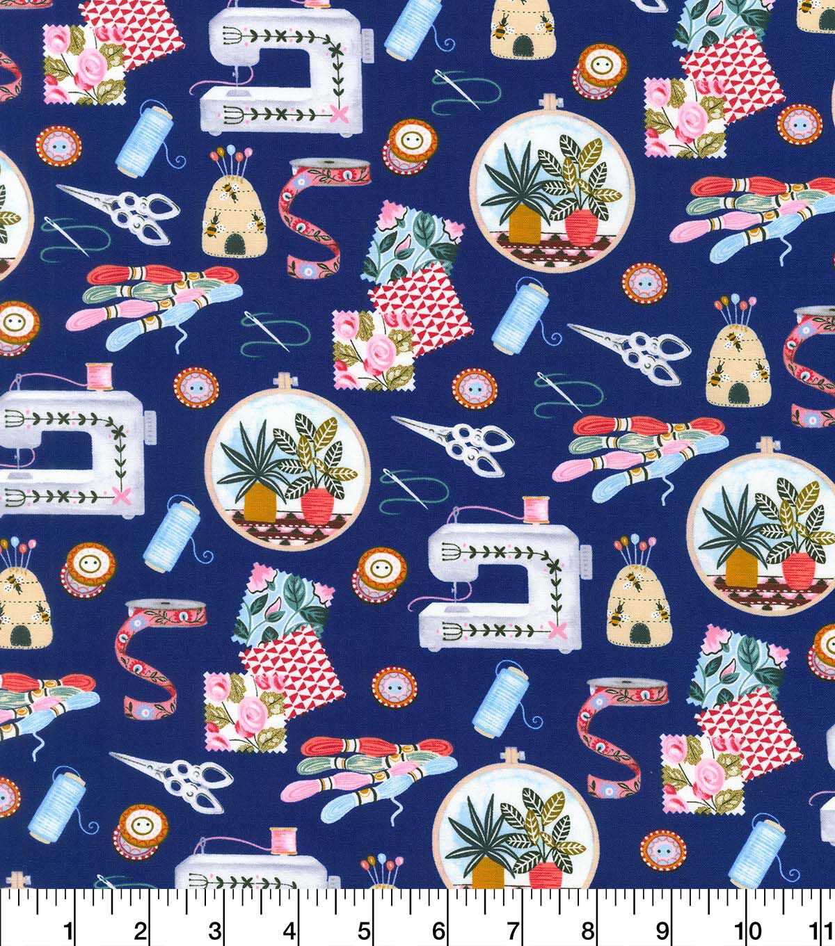 Robert Kaufman Blue Sew Crafty Novelty Cotton Fabric