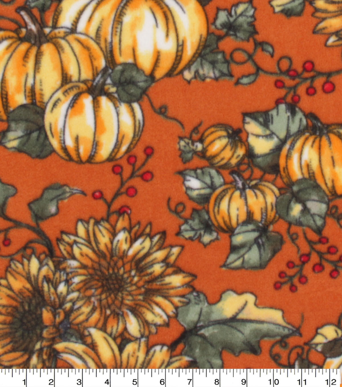 Pumpkins & Sunflowers on Orange Anti Pill Fleece Fabric