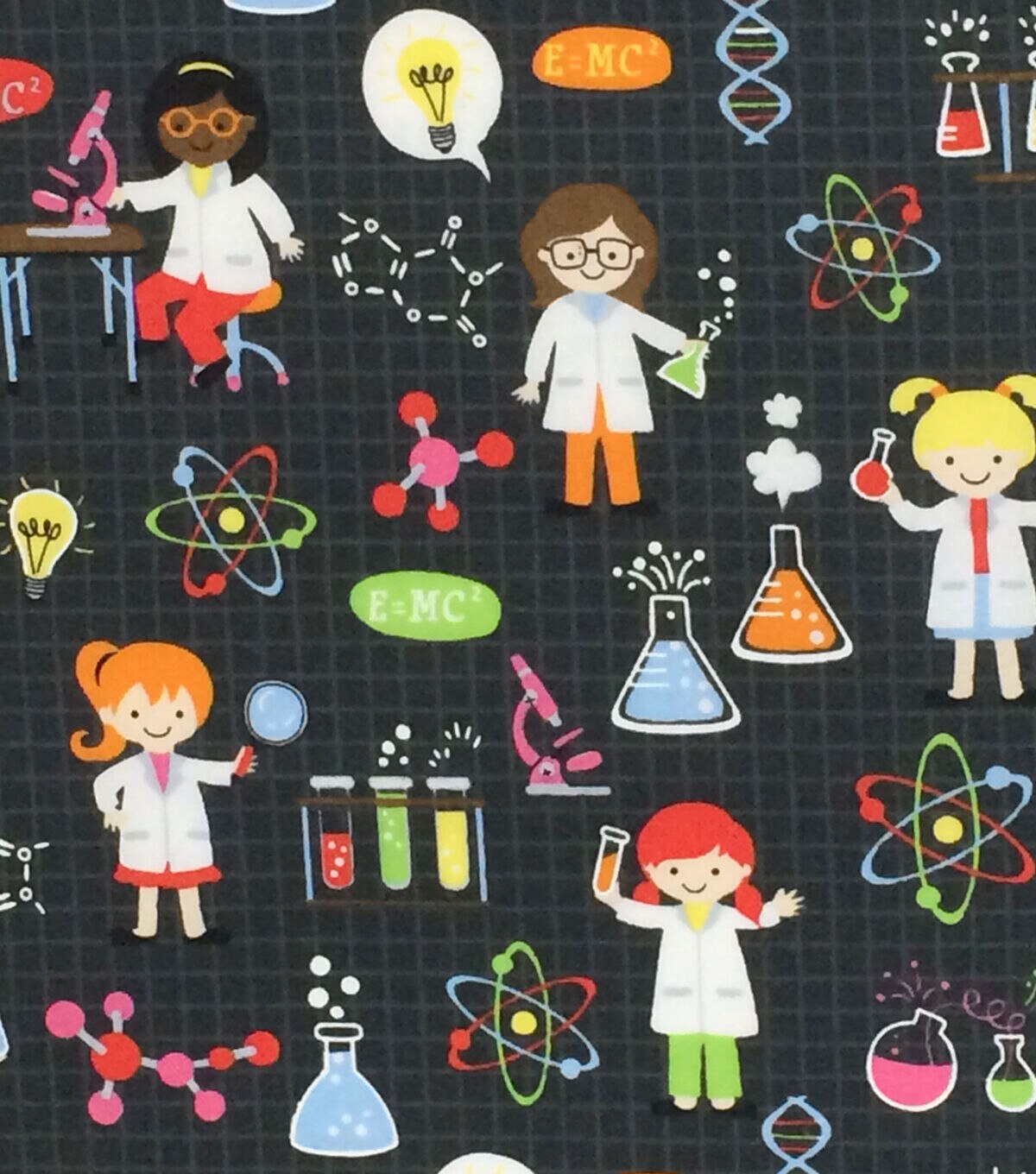 Novelty Cotton Fabric 44 Girl Science on Black