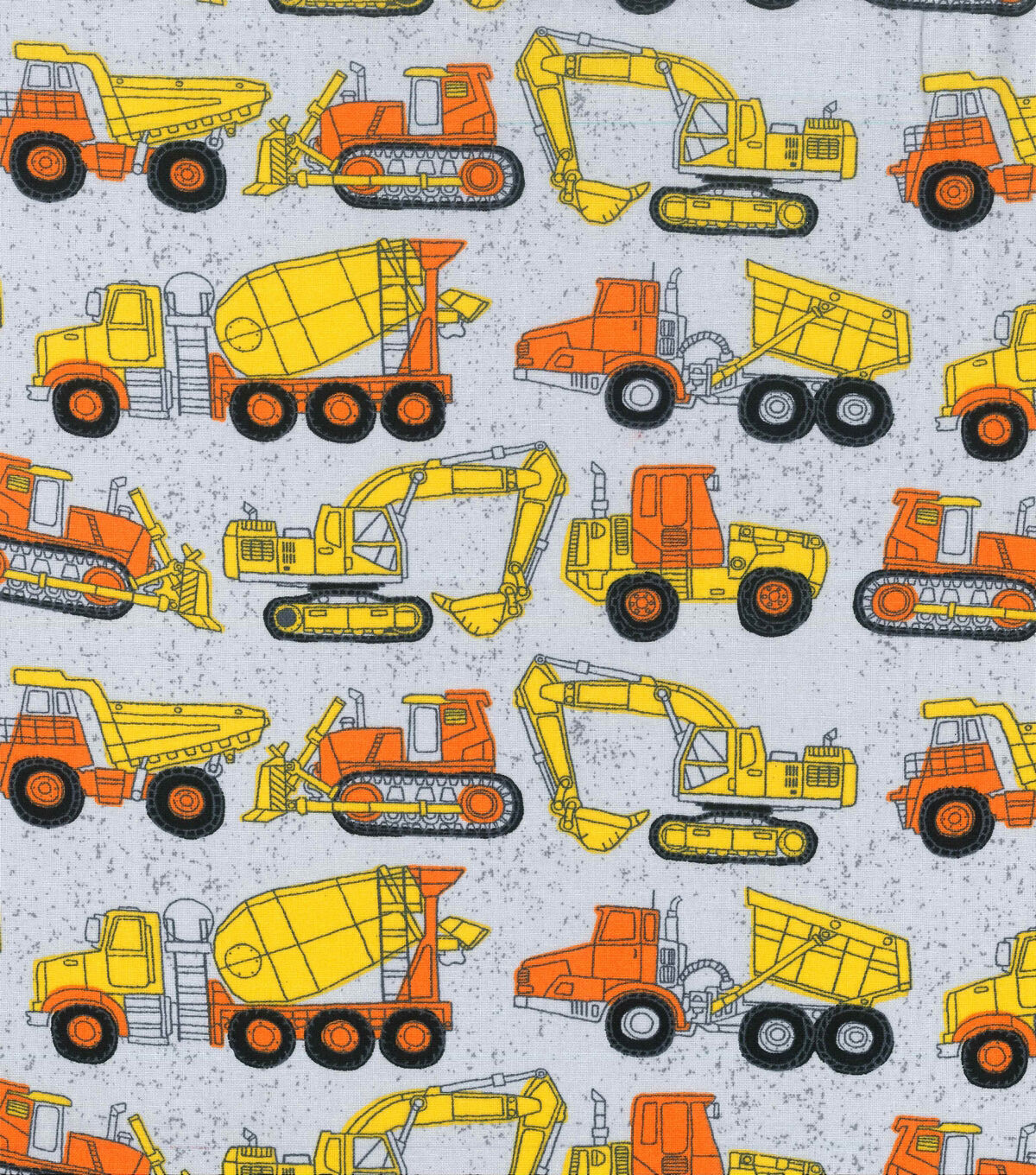 Novelty Cotton Fabric 43 Construction Trucks On Gray