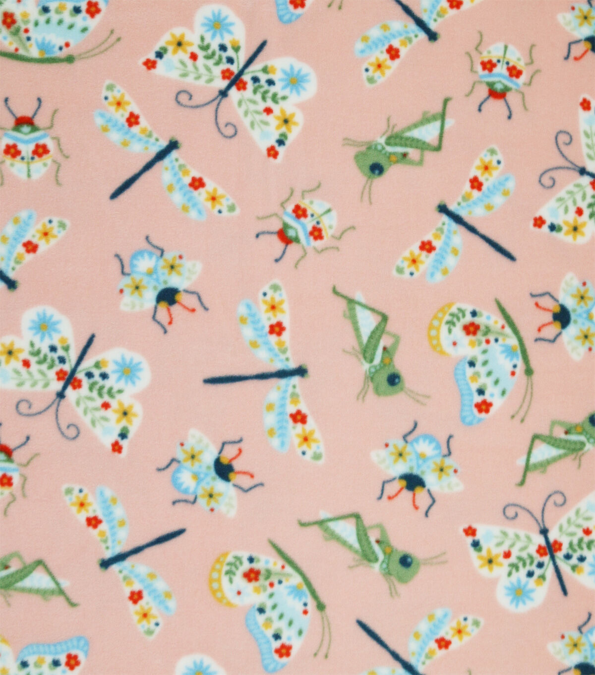 Springtime Floral Bugs on Pink Anti Pill Plush Fleece Fabric
