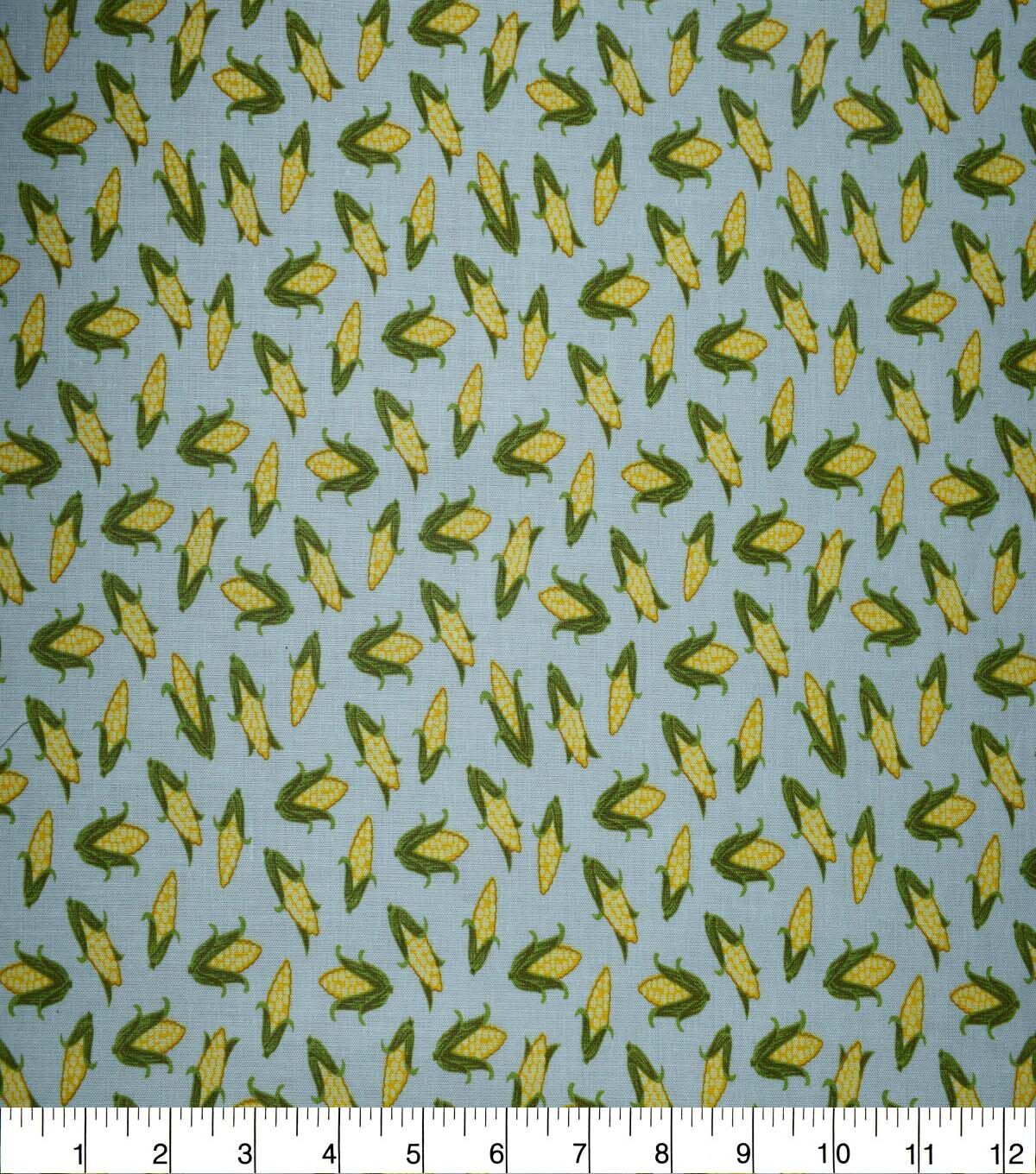 Garden Corn on the Cob on Blue Cotton Fabric by Quilter's Showcase