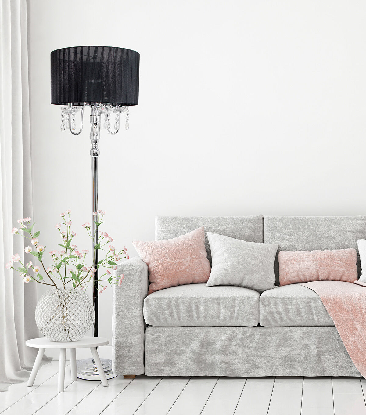 All The Rages Romantic Sheer Shade Floor Lamp with Hanging Crystals