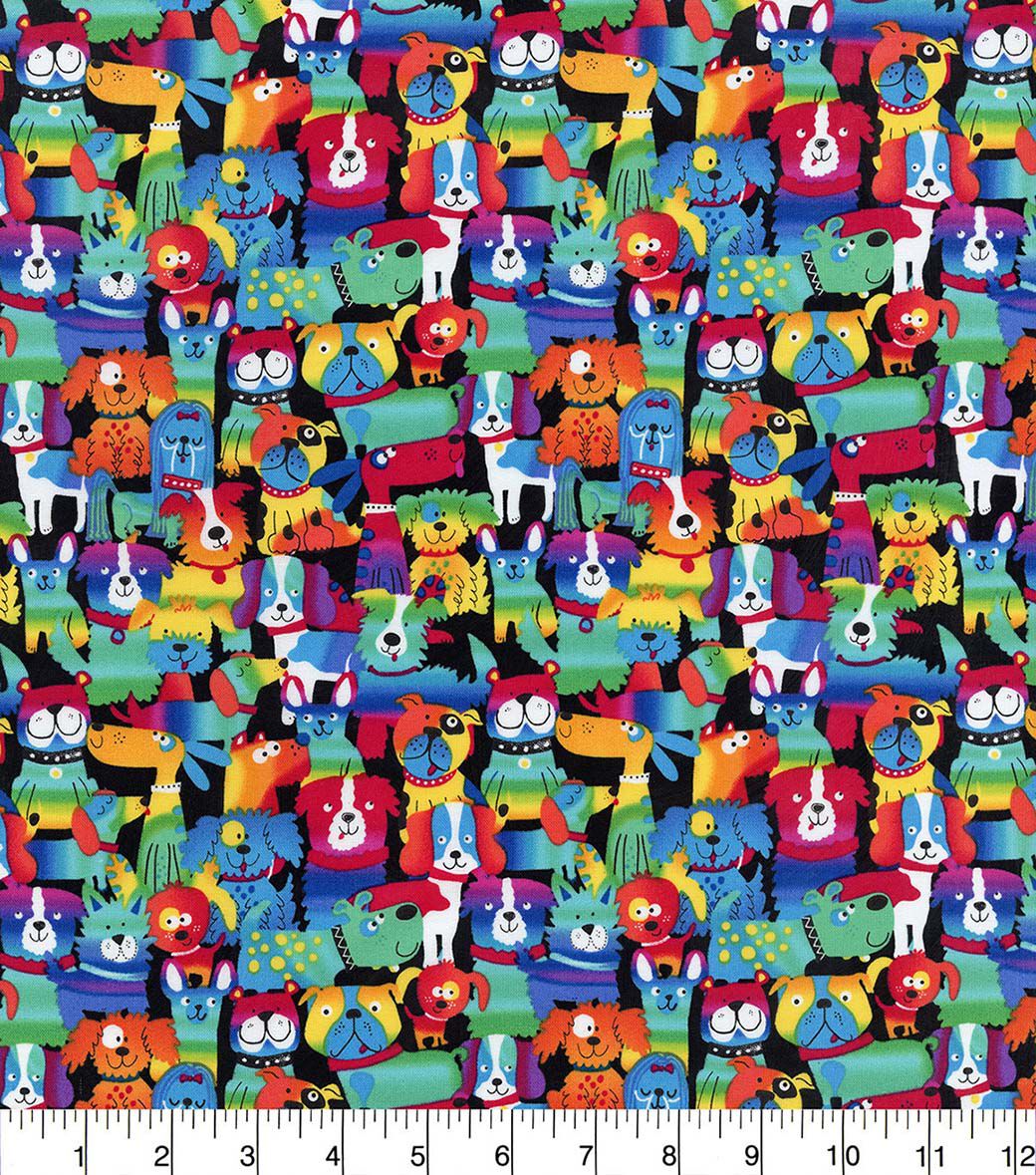 Hi Fashion Rainbow Puppies Novelty Cotton Fabric