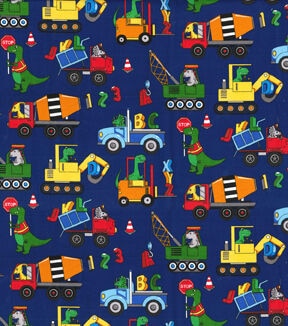 Dinosaurs & Trucks on Blue Novelty Cotton Fabric