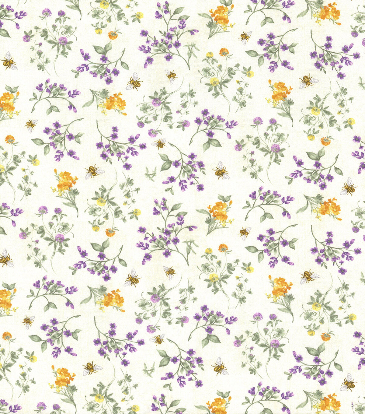 Hi Fashion Bee & Lavender on White Premium Cotton Fabric