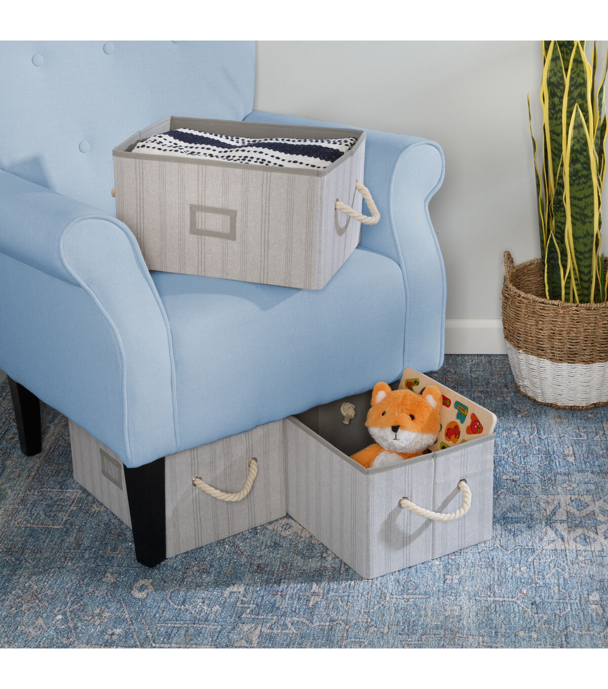 Honey Can Do 14.5 Gray Striped Fabric Storage Bins With Handles 3pk