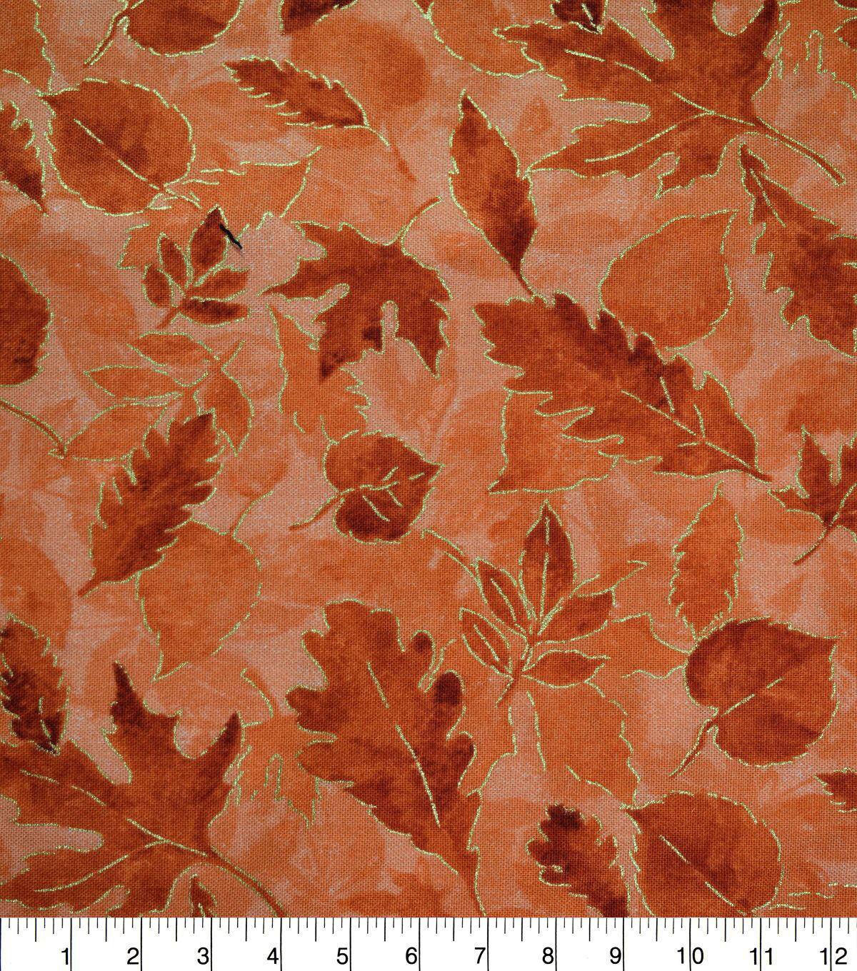 Orange Leaves with Outlines Harvest Metallic Cotton Fabric