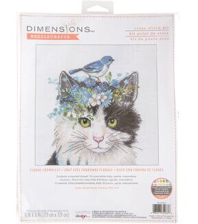 Dimensions 11 x 11 Floral Crown Cat Counted Cross Stitch Kit