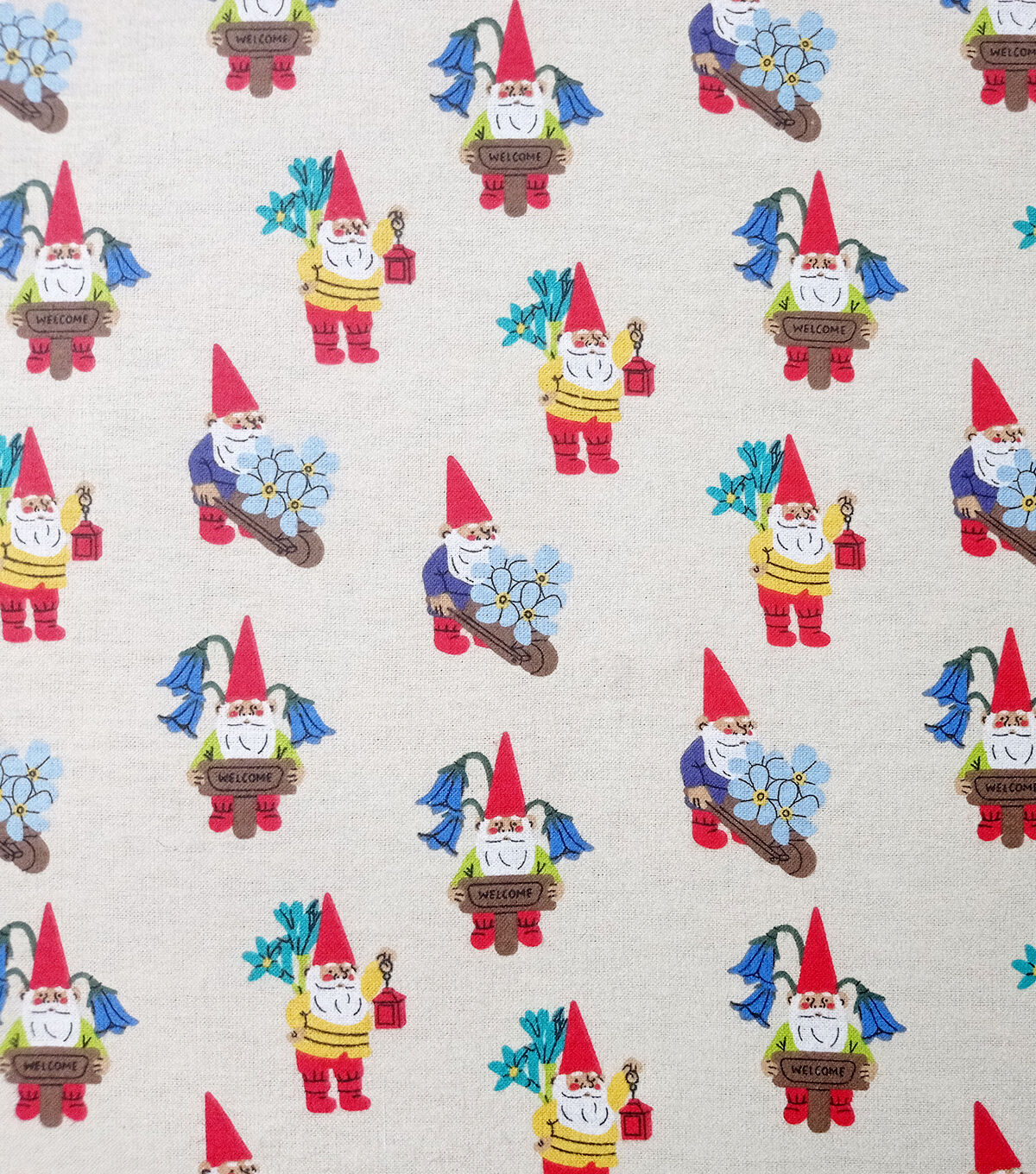 Gardening With the Gnomes on Tan Super Snuggle Flannel Fabric
