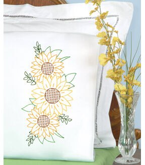 Jack Dempsey Golden Sunflowers Stamped Perle Edge Pillowcases 2pk