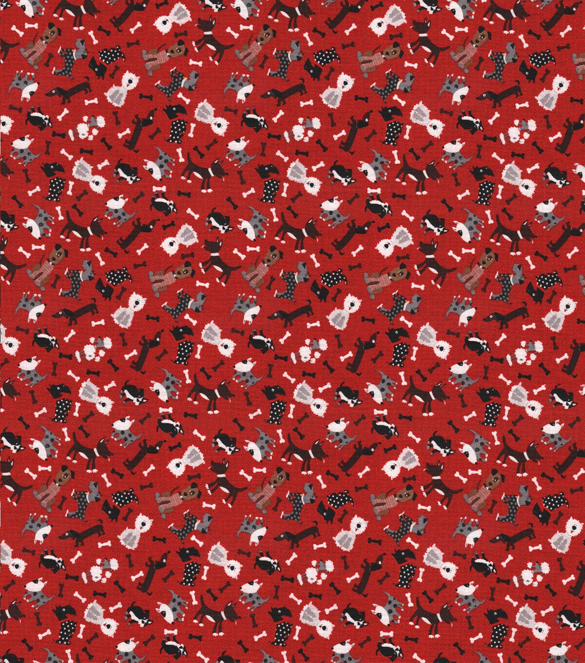 Novelty Cotton Fabric Tossed Dogs On Red