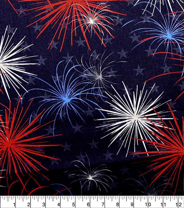 Patriotic Fireworks On Blue Cotton Fabric