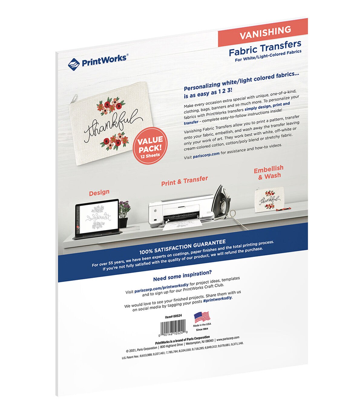 PrintWorks 8.5 x 11 Vanishing Fabric Transfer Sheets 12ct