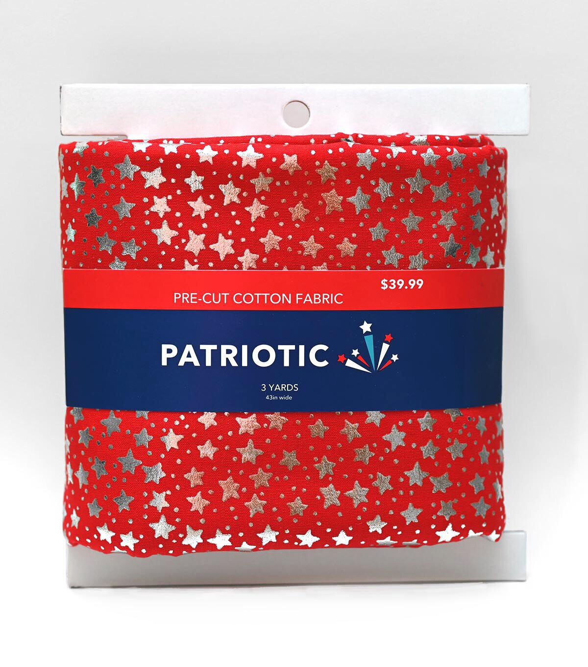 3yd Patriotic White & Red Star Precut Foil Cotton Fabric