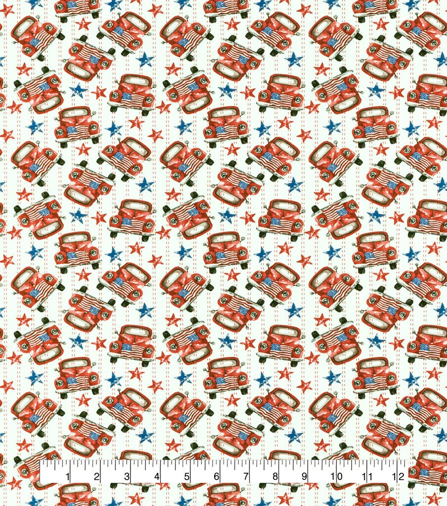 Tossed Red Trucks & Stars Patriotic Cotton Fabric