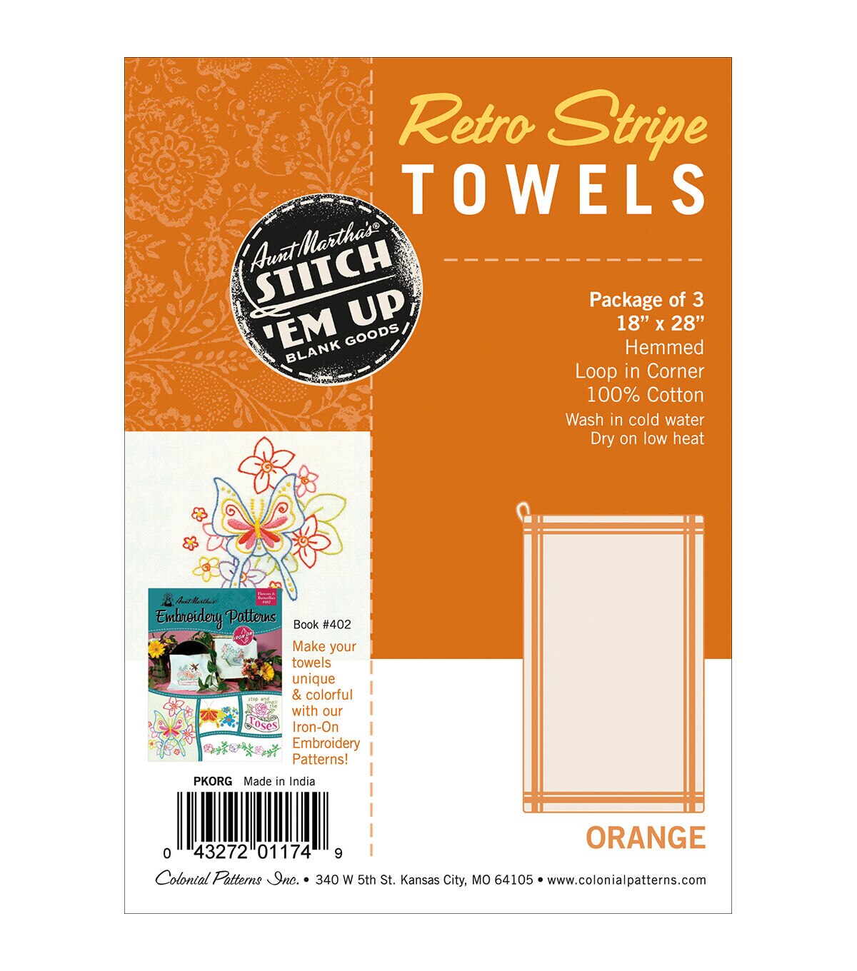 Stitch 'Em Up 18 x 28 Orange Stripe Dish Towel Cross Stitch Fabric 2pk