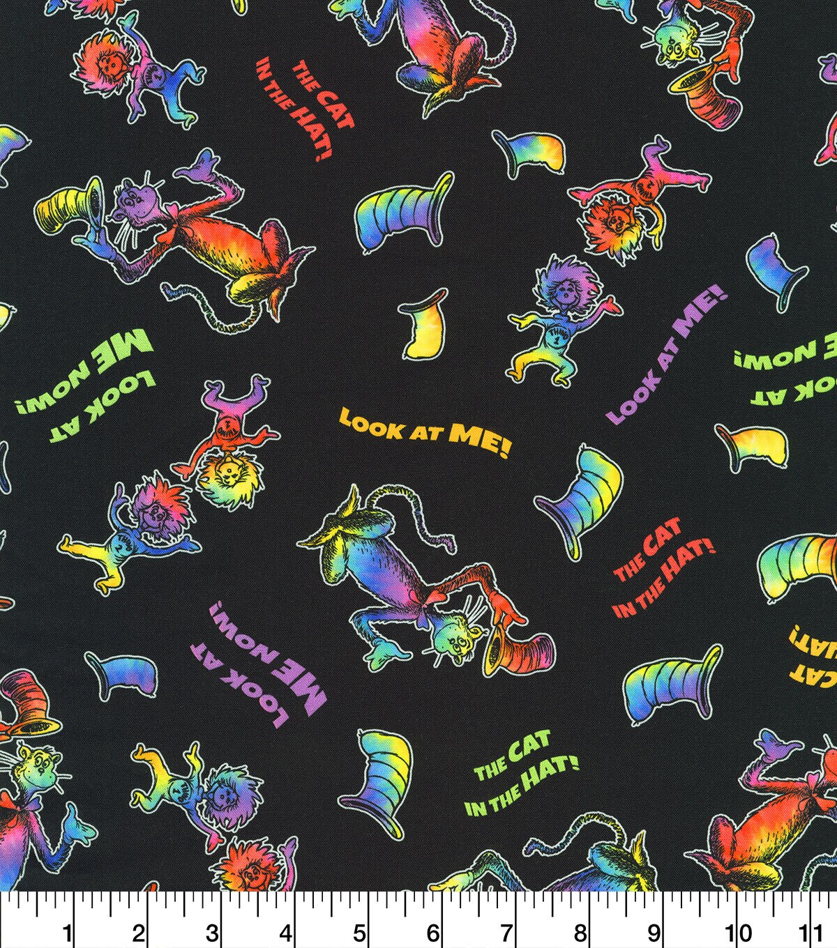 Dr Seuss Attention Cat on Black Cotton Fabric