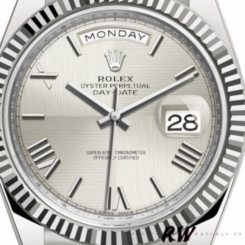 Rolex Day-Date 228239 Silver Quadrant Motif Roman Dial Fluted Bezel 40mm Mens Replica Watch