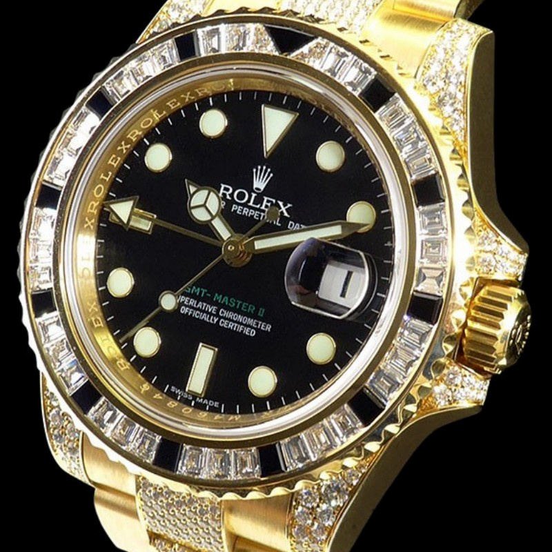 Rolex GMT-Master II 116758 Yellow Gold Black Dial Diamonds 40mm Mens Replica Watch