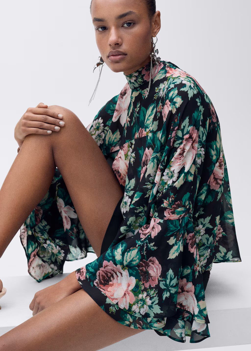 Floral-print turtleneck blouse - Black