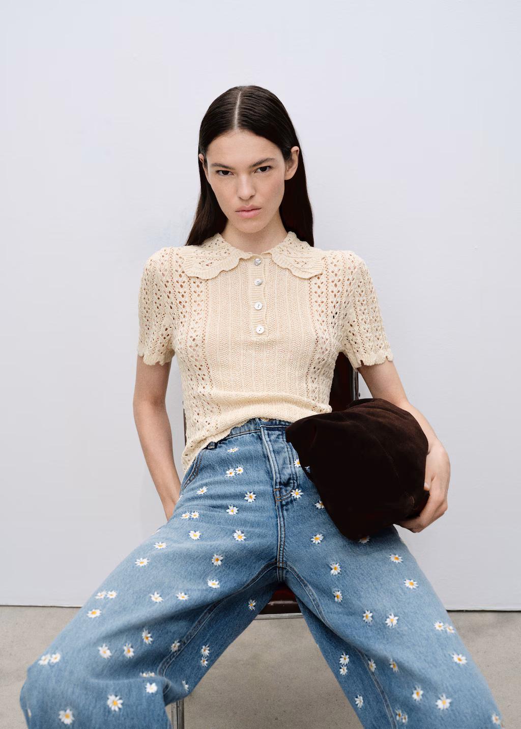Flower-embroidered wideleg jeans - Medium Blue