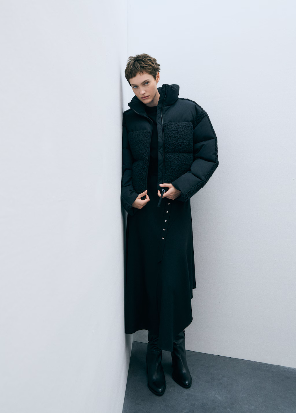 Padded anorak with bouclé panels - Black