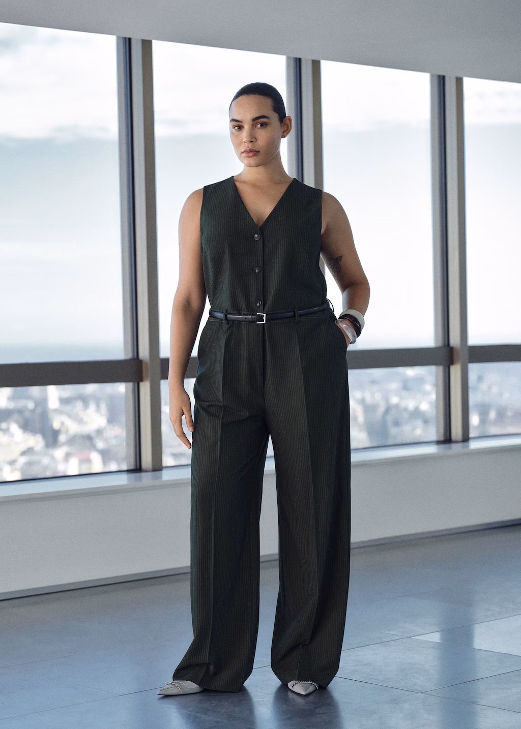Pinstripe jumpsuit with belt - Billiard Green