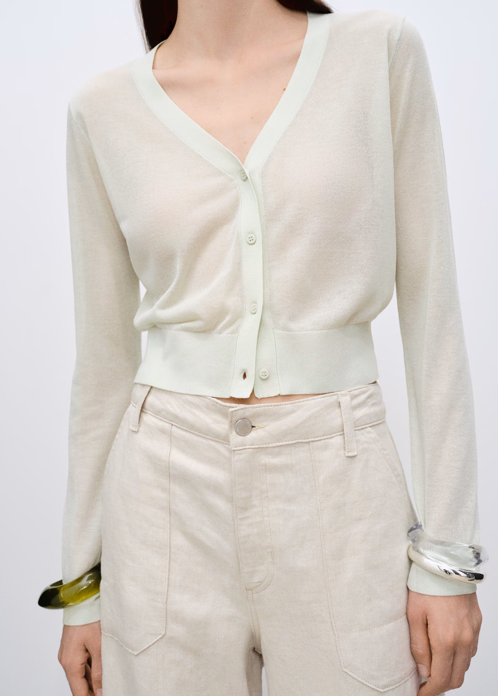 Semi-transparent cropped knitted cardigan - Aqua Green