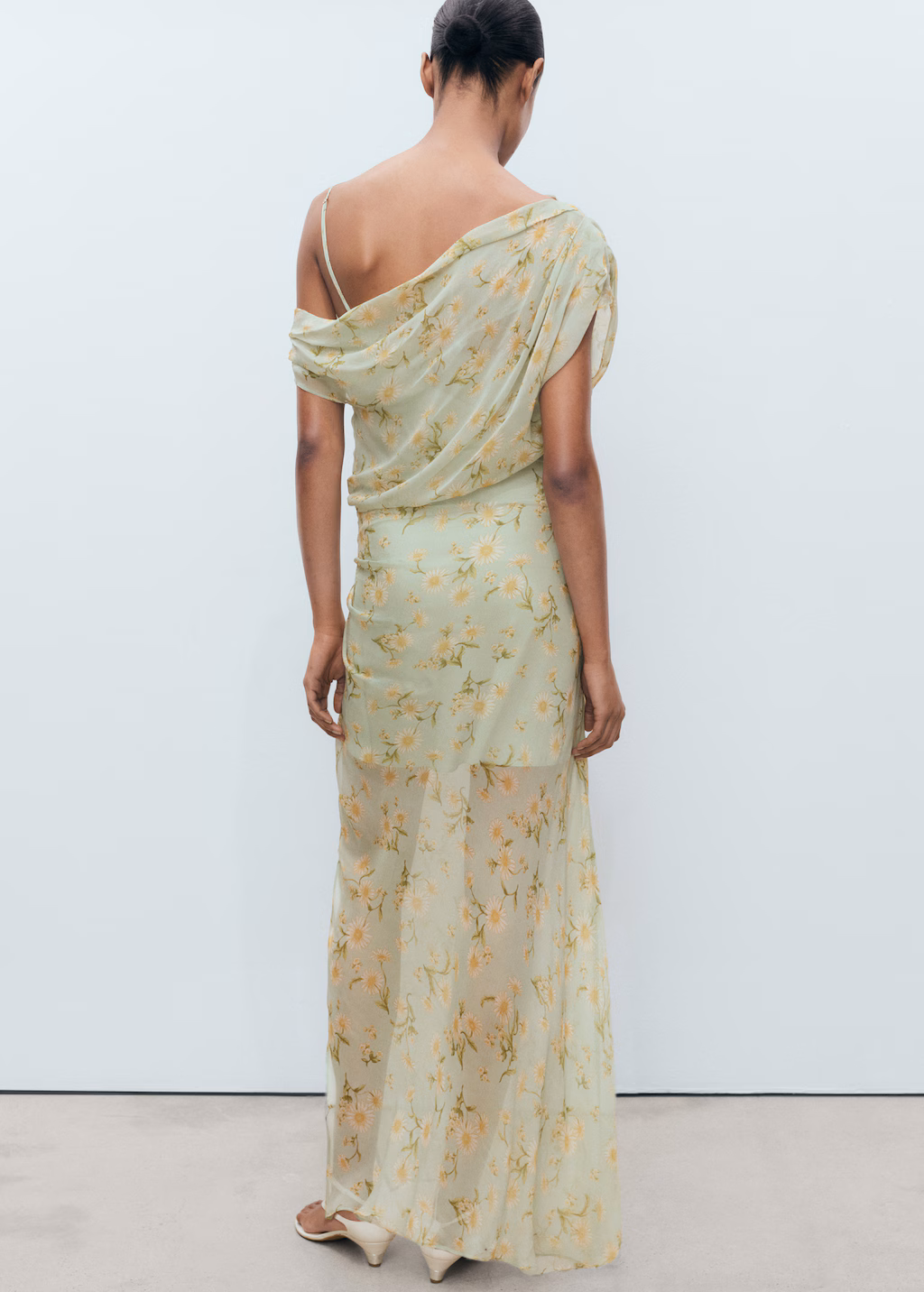 Semi-transparent draped floral dress - Pastel Green