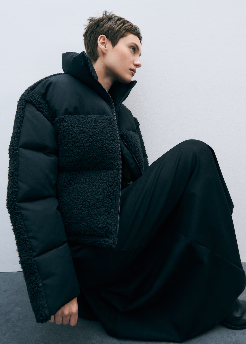 Padded anorak with bouclé panels - Black