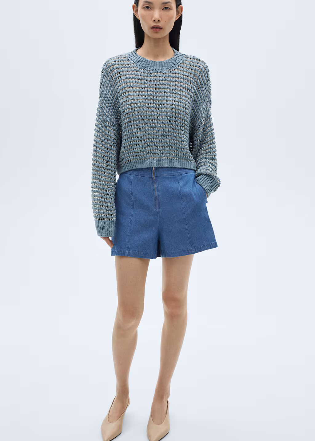Denim-effect cotton shorts - Medium Blue