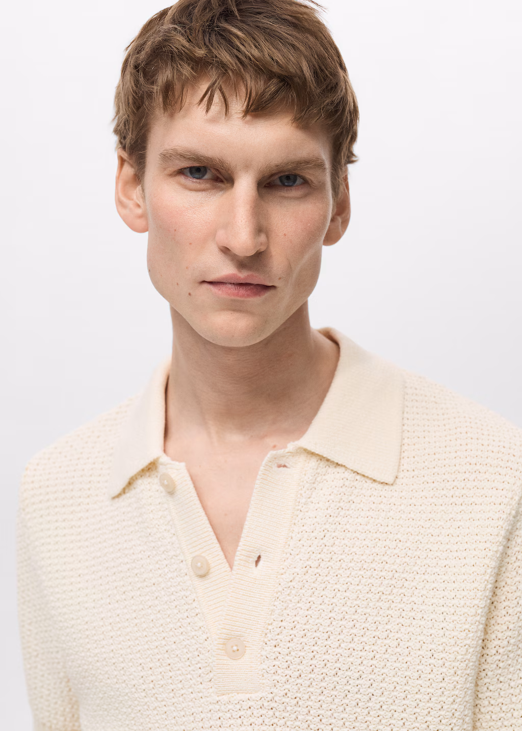 Openwork cotton knitte polo shirt - Ivory White