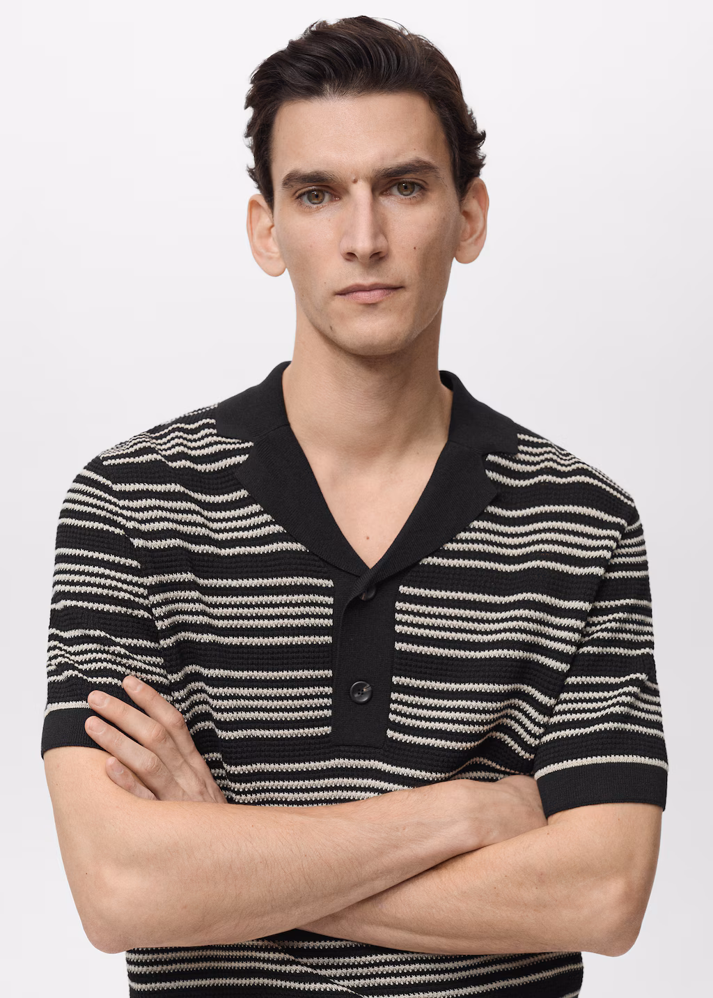 Striped braided knit polo shirt - Black