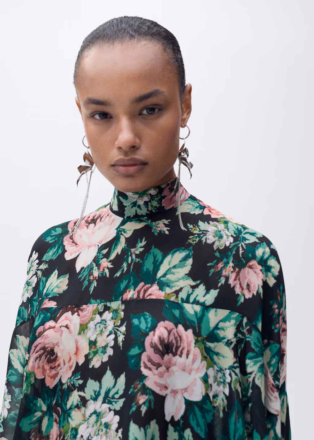 Floral-print turtleneck blouse - Black