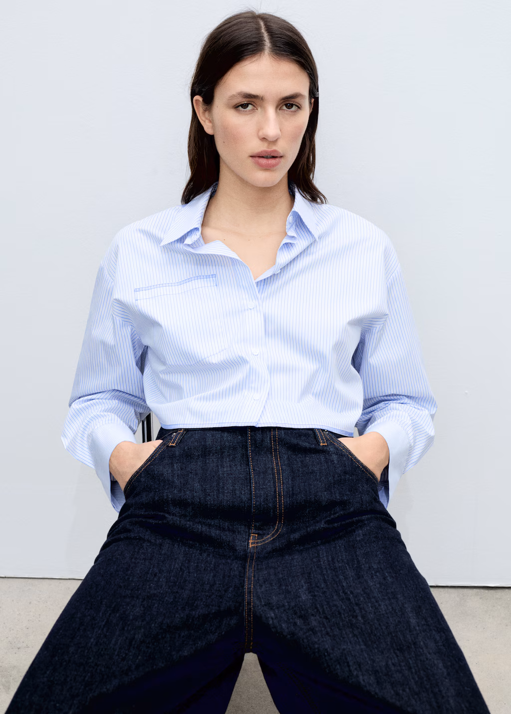 Striped crop shirt with stitching detail - Blue