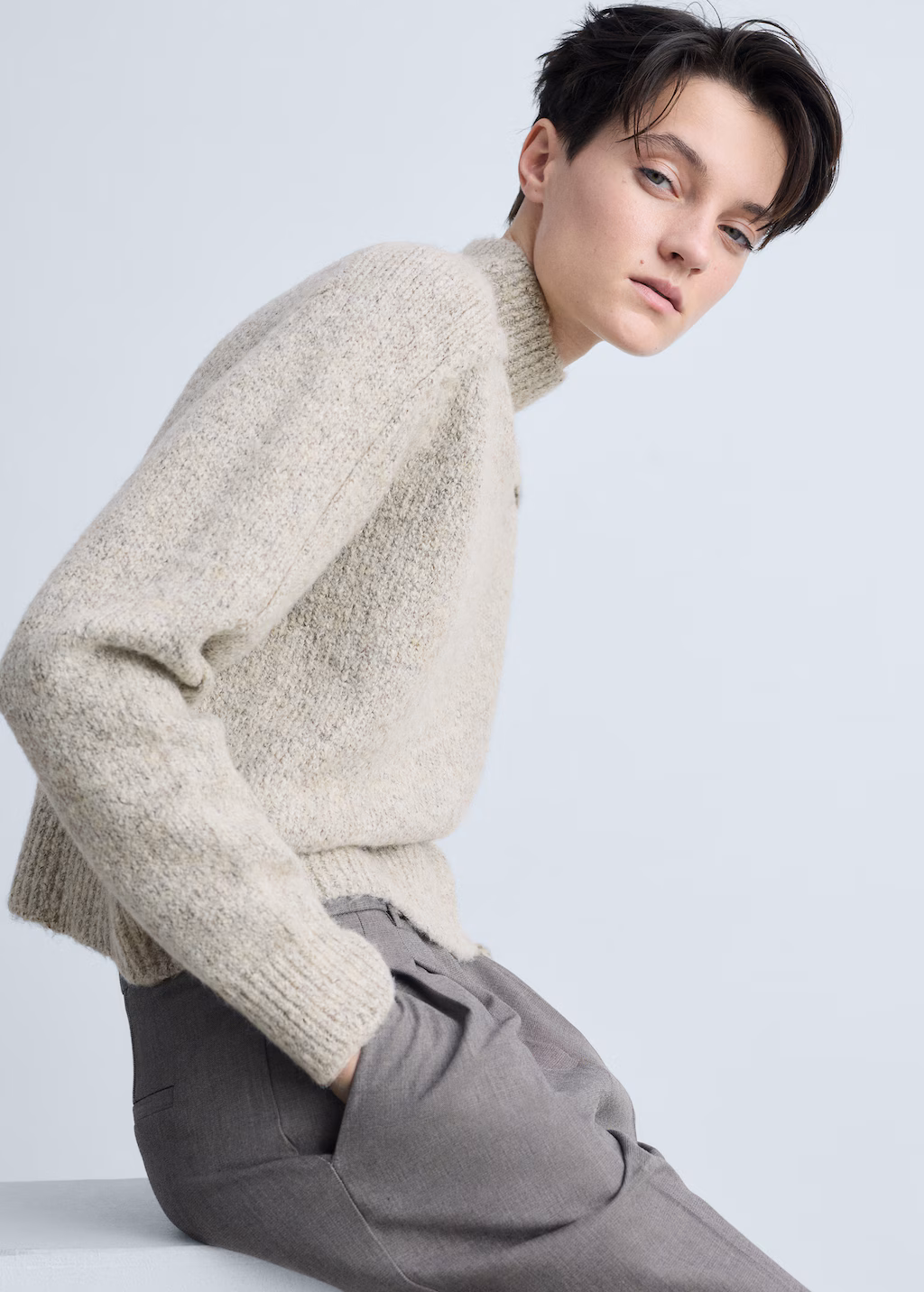 Knitted sweater with perkins neck - Sand