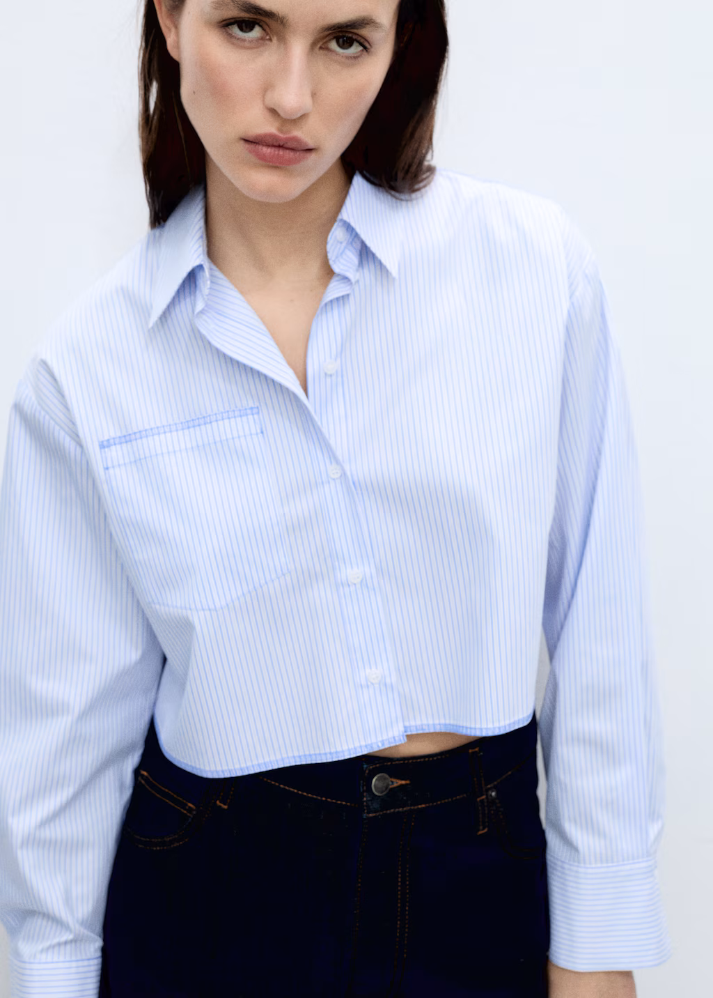 Striped crop shirt with stitching detail - Blue