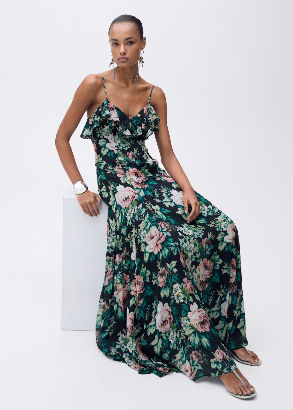 Ruffled floral print dress - Black