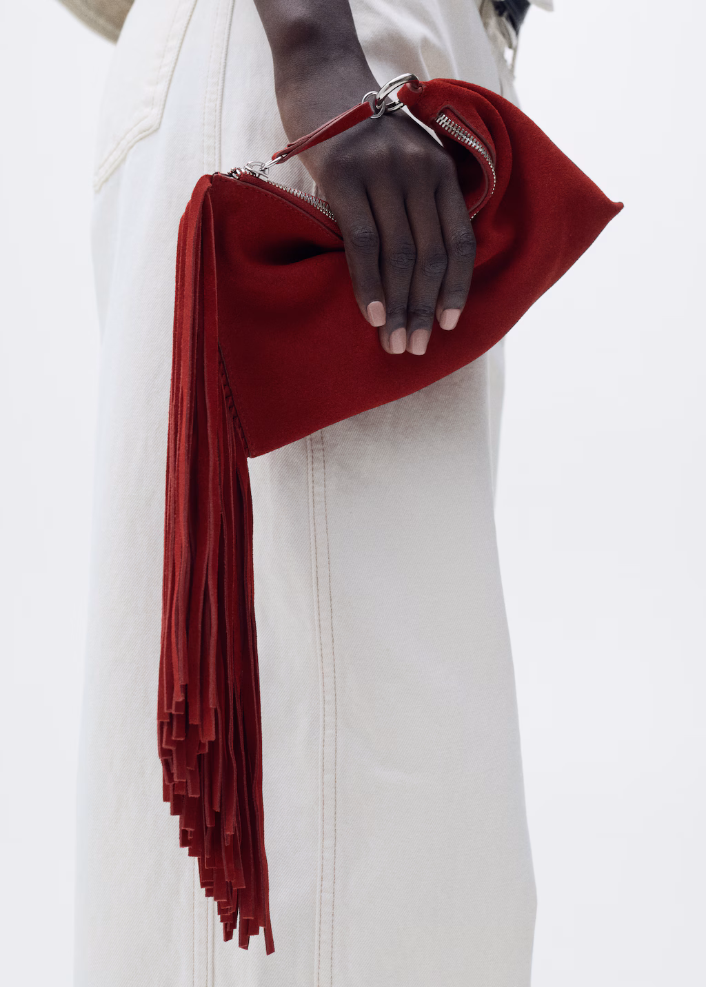 Leather handbag with fringes - Red