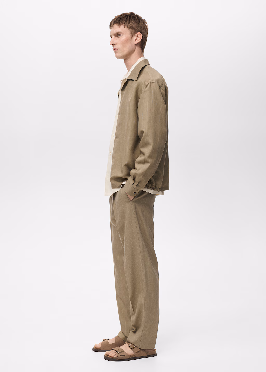 Pinstripe linen bowling overshirt - Khaki