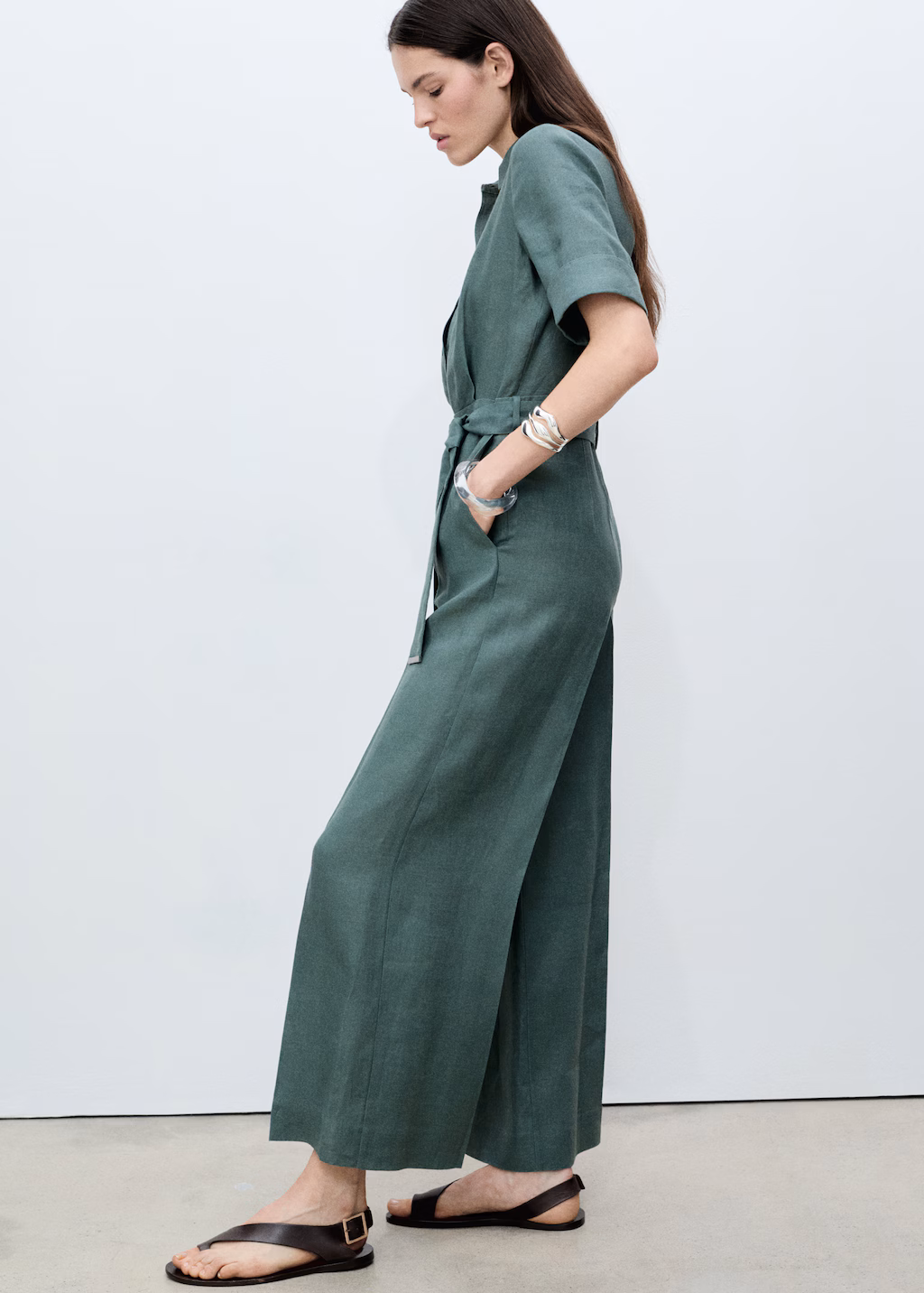 Linen shirt jumpsuit - Forest Green