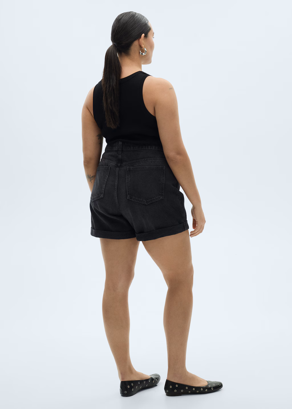 High-rise shorts with turn-down hem - Black denim
