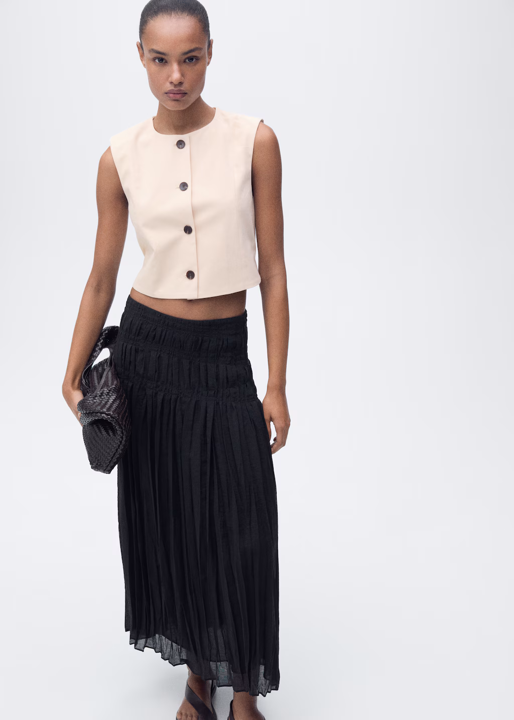 Cotton crop top with buttons - Ecru