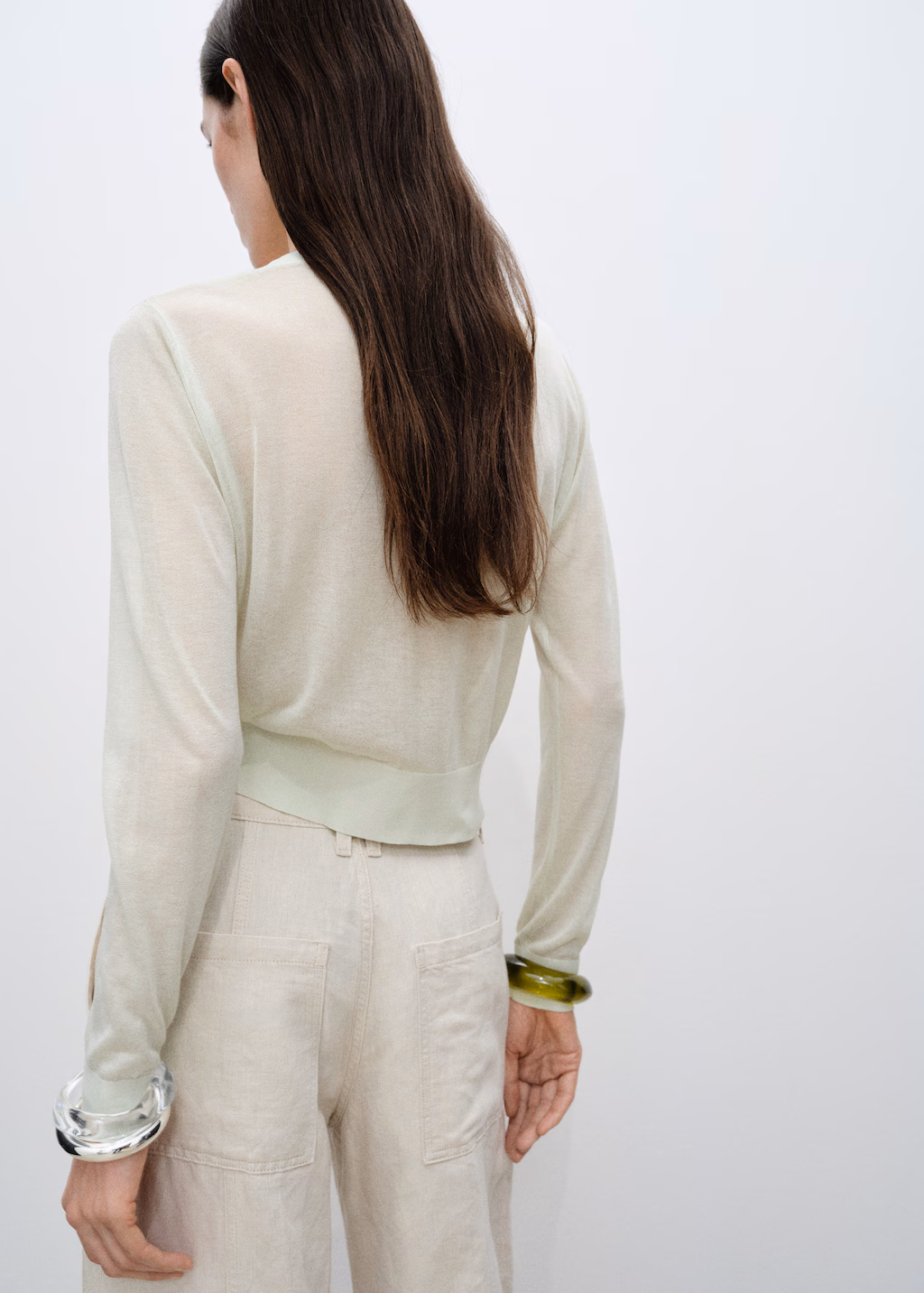 Semi-transparent cropped knitted cardigan - Aqua Green